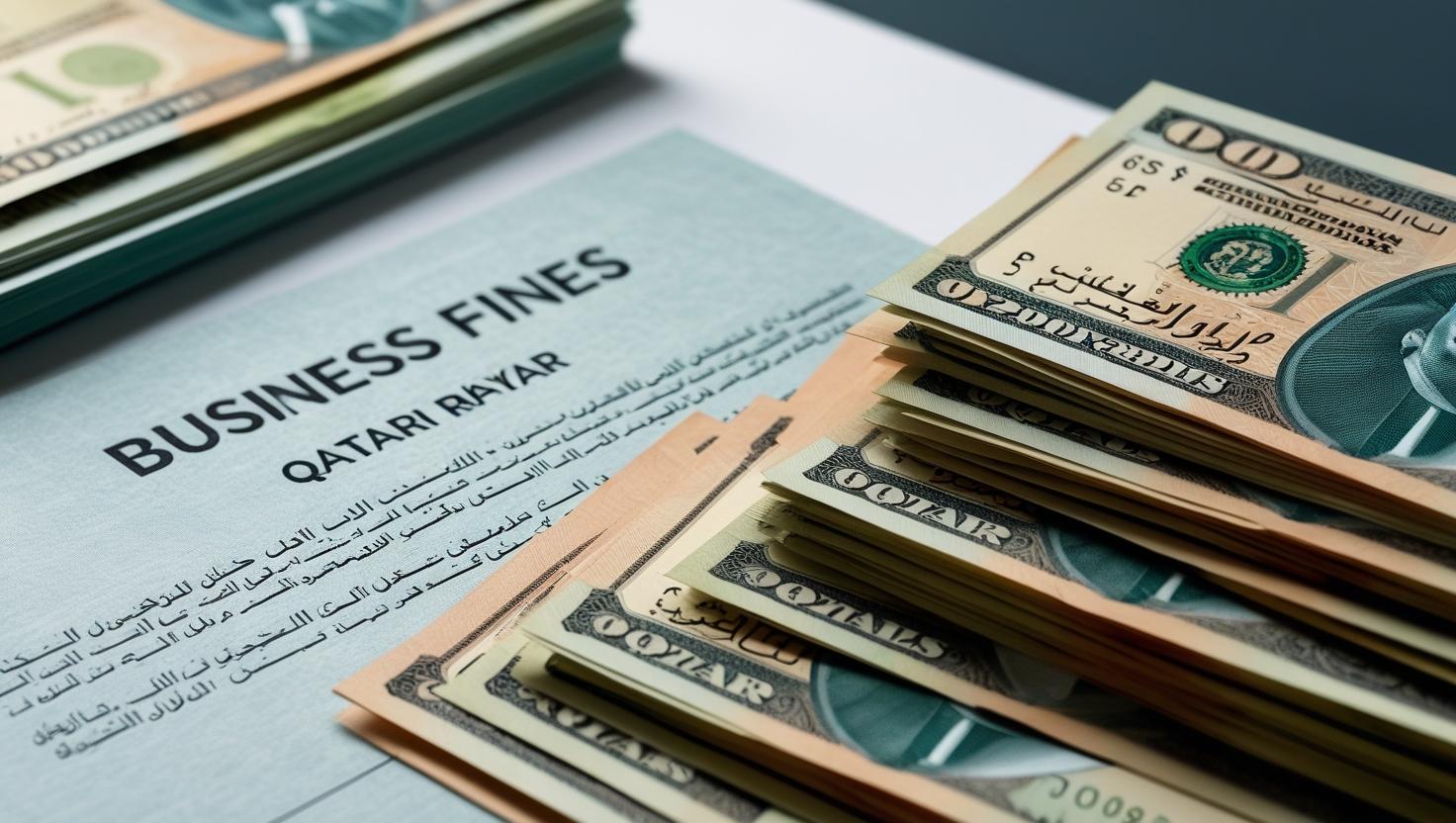Legal documents and Qatari Riyals representing business fines in Qatar